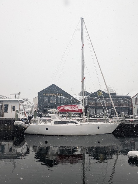 Heather and Liam's 1986 Sauvage 41 Karma tied up in Newport, Rhode Island